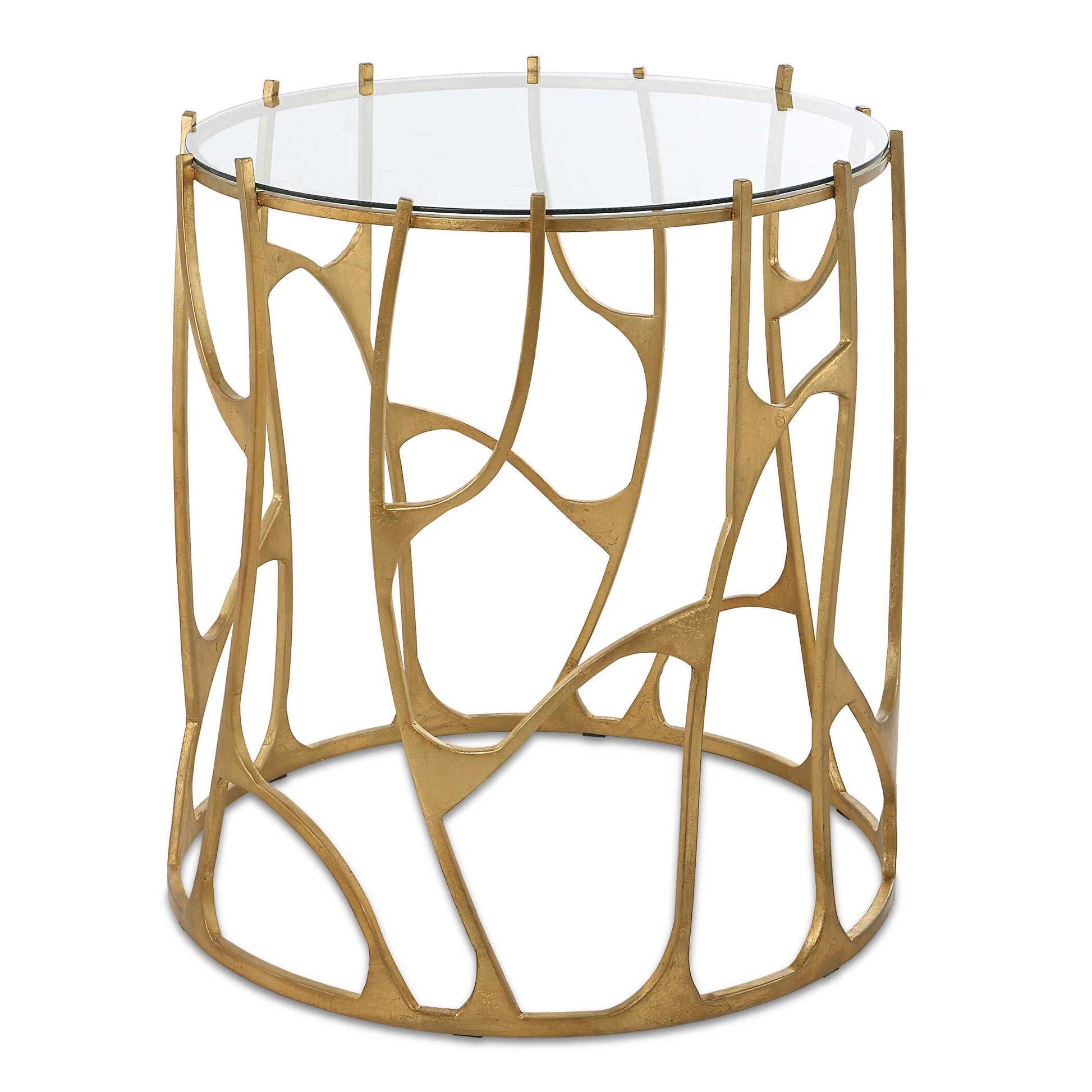 A Functional Table And Sculptural Work Of Art, The Ritual Side Table Offers The Best Of Both Worlds. The Organic Designed Base Is Crafted From Forged Iron In An Aged Gold Leaf Finish, Complemented By A Clear Tempered Glass Top.