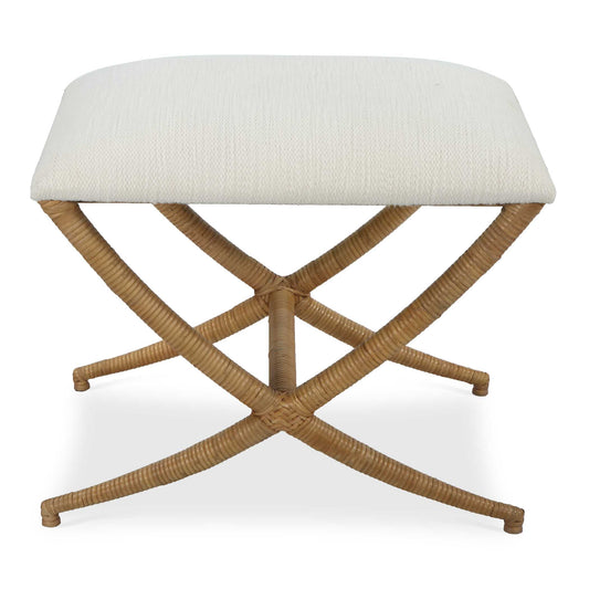 The Perfect Casual Accent, The Expedition Small Bench Displays Coastal Influence With A Natural Rattan Wrapped Iron Base. The Cushioned Seat Is Upholstered In A Crisp White Textured Polyester Fabric.