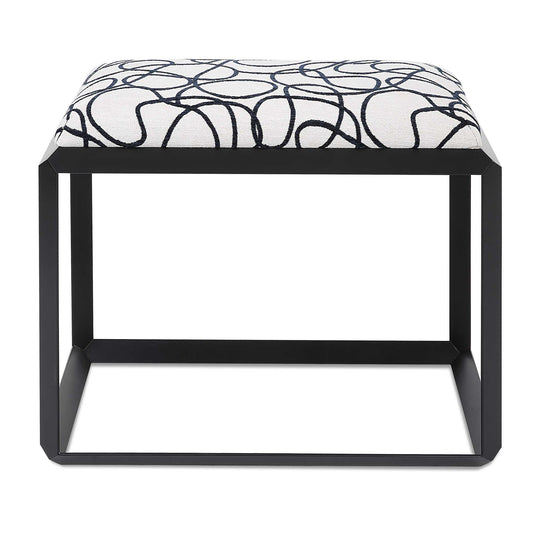 The Curls Small Bench Is Tailored In A Light Stone Gray Fabric With A Whimsical Curled Pattern, Atop An Angular Iron Frame In Satin Black.