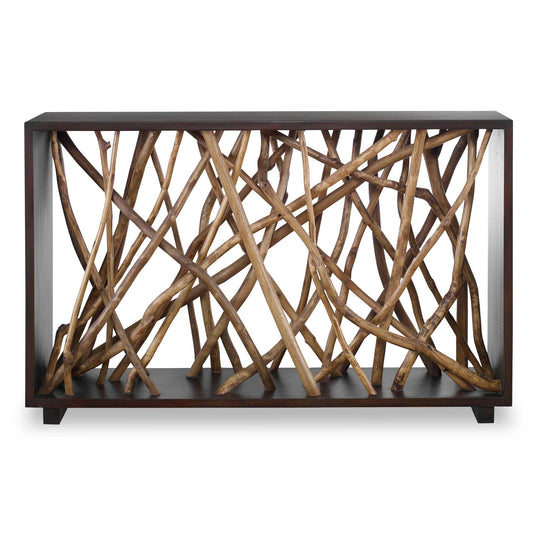 The Teak Maze Console Is Sure To Make A Statement In Any Space. This Beautifully Unique Piece Is Constructed From Solid Mahogany Wood In A Rich Walnut Stain With Natural Gathered Teak Branches Artfully Arranged Within The Frame.