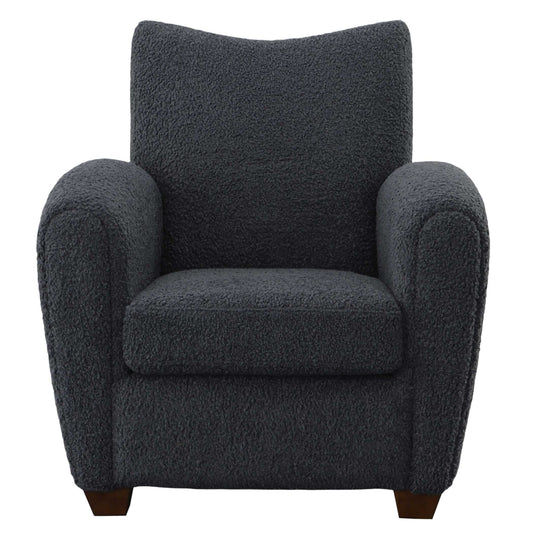 With Its Curved Track Arms And Supportive Back, This Cozy Accent Chair Is The Perfect Balance Of Comfort And Style. Fully Upholstered In A Slate Gray Faux Shearling And Accented By Walnut Stained Wooden Feet.