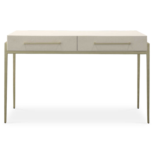 A Modern And Stylish Place To Catch Up On Emails, The Jewel Desk Features A White Faux Shagreen Wrapped Top Nestled Into An Iron Frame In Gold Leaf. The Mitered Edge Drawer Fronts And Gold Drawer Pulls Add To The Sleek Look.