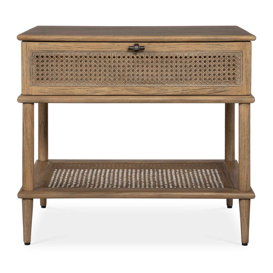 Mid Century Inspired With Accents Of Natural Rattan Cane, This Console Table Features Mindi Solids And Veneers Finished In A Soft Oak Stain. The Coast Table Has One Storage Shelf With Metal Hardware Finished In Dark Gunmetal.