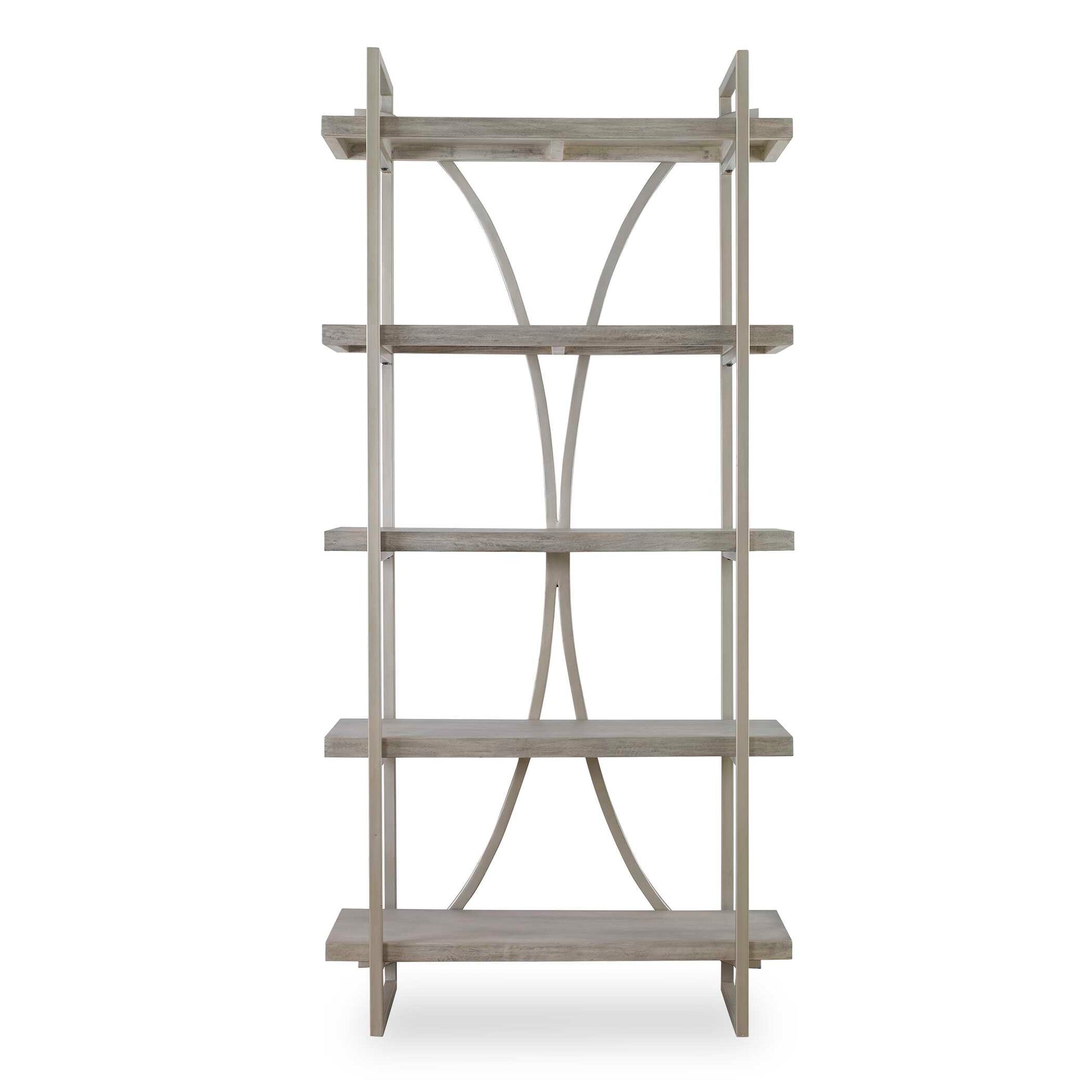 A Classic Contemporary Piece To Transcend Styles, The Sway Etagere Features A Metal Framework Finished In Soft Silver Leaf With Light Antiquing. Shelves Are A Mango Wood Veneer In Distressed Gray With Bone Ivory Undertones.