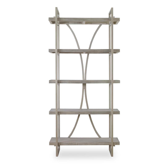A Classic Contemporary Piece To Transcend Styles, The Sway Etagere Features A Metal Framework Finished In Soft Silver Leaf With Light Antiquing. Shelves Are A Mango Wood Veneer In Distressed Gray With Bone Ivory Undertones.