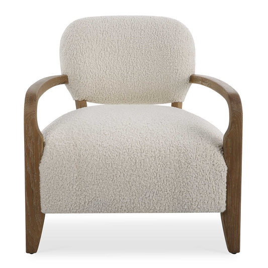 A Parisian Inspired Classic, The Telluride Accent Chair Features A Low Profile Design Upholstered In Natural Faux Shearling, Accented By A Solid Oak Tapered Frame.