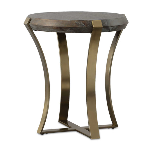Plated Brushed Brass Legs Suspend The Top Of The Unite Side Table In Acacia Veneer With A Dark Walnut Stain Washed With A Light Gray Glaze.
