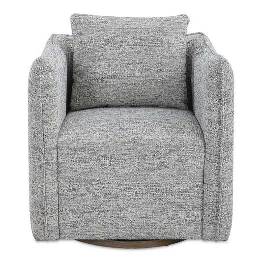 Casual Shelter Arm Accent Chair Tailored In A Casual Blue And White Tweed Fabric. Features A Flanged Edge Trim Complete With A Loose Back Pillow. Rests On A Solid Birch Wood Swivel Base, Finished In A Weathered Gray Stain.