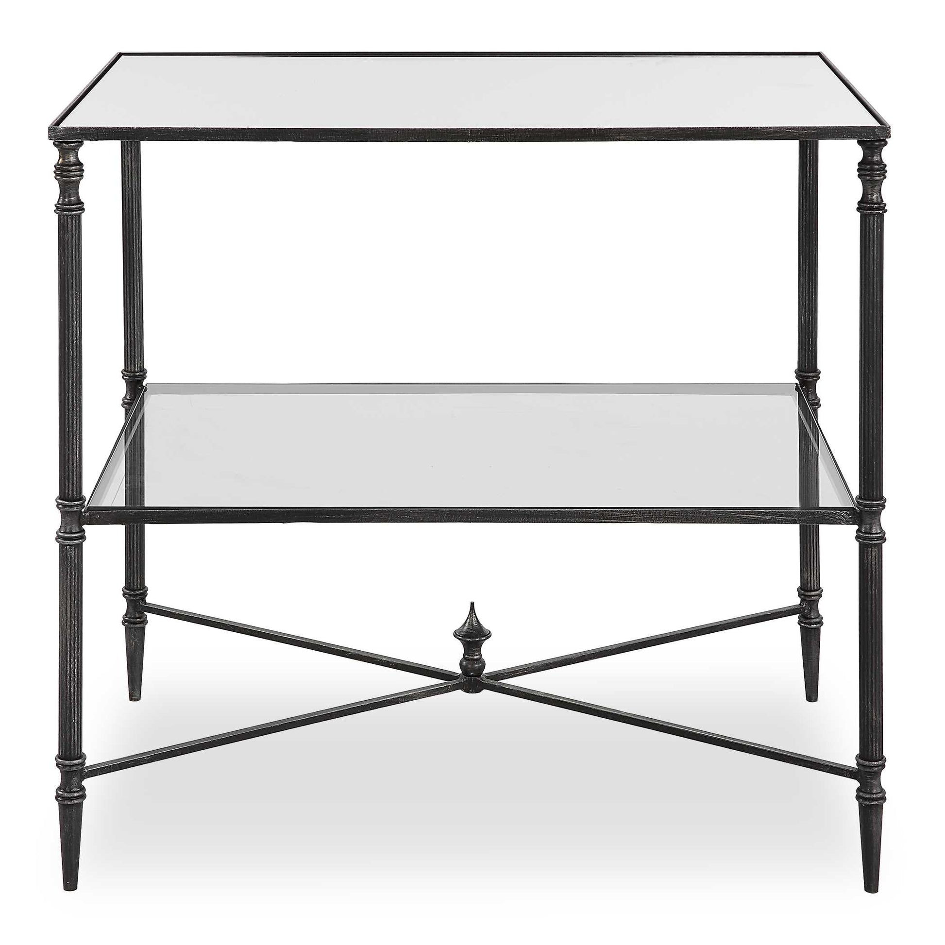 An Elegant Silhouette In Iron With A Cross Stretcher Accent Finished In Blackened Steel With Silver Highlights. Top Is Reinforced Mirror And Gallery Shelf Is Clear Tempered Glass.