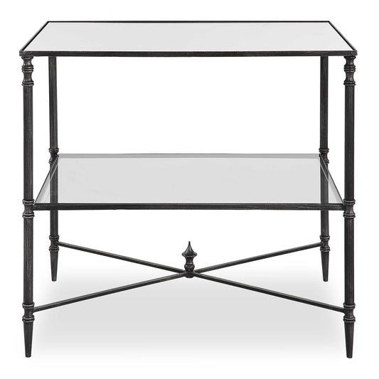 An Elegant Silhouette In Iron With A Cross Stretcher Accent Finished In Blackened Steel With Silver Highlights. Top Is Reinforced Mirror And Gallery Shelf Is Clear Tempered Glass.