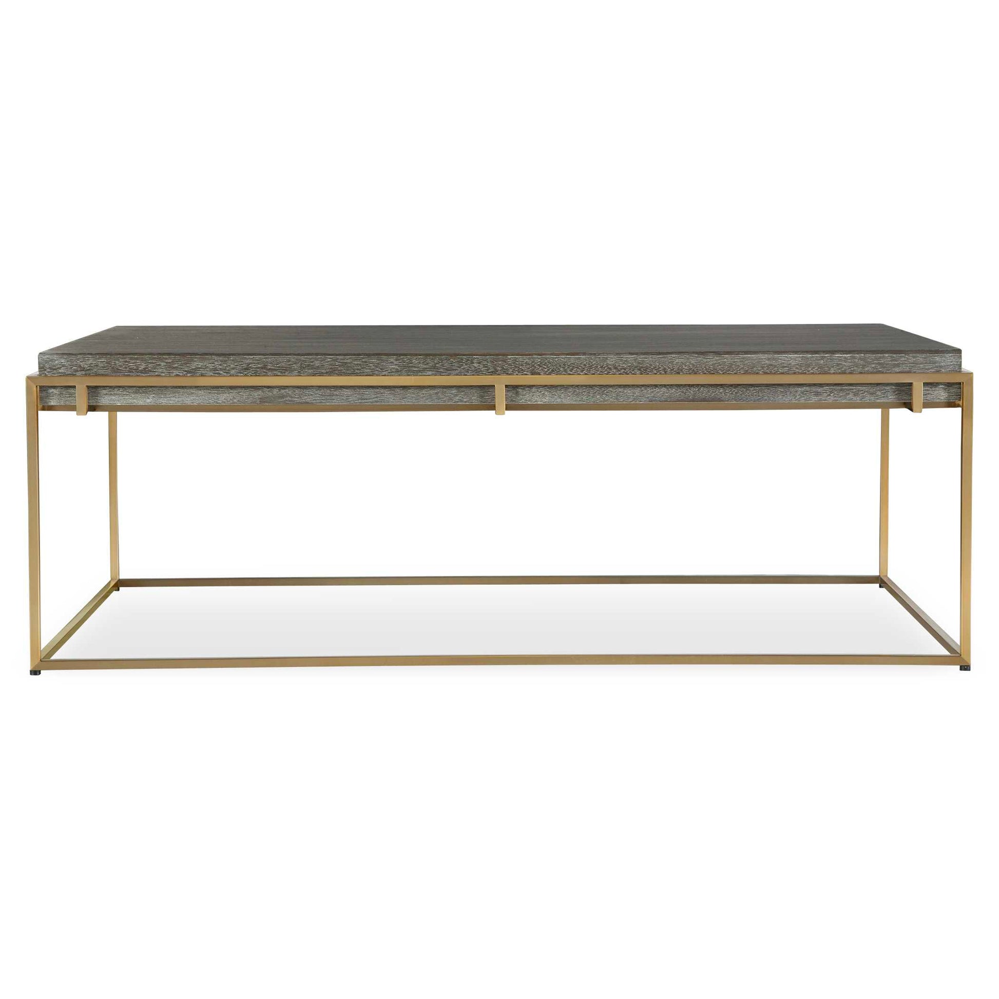 A Contemporary Combination Featuring An Acacia Veneer Top In A Dark Walnut Stain Washed With A Light Gray Glaze, Suspended In A Stainless Steel Framework Plated In Brushed Brass.