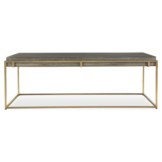 A Contemporary Combination Featuring An Acacia Veneer Top In A Dark Walnut Stain Washed With A Light Gray Glaze, Suspended In A Stainless Steel Framework Plated In Brushed Brass.