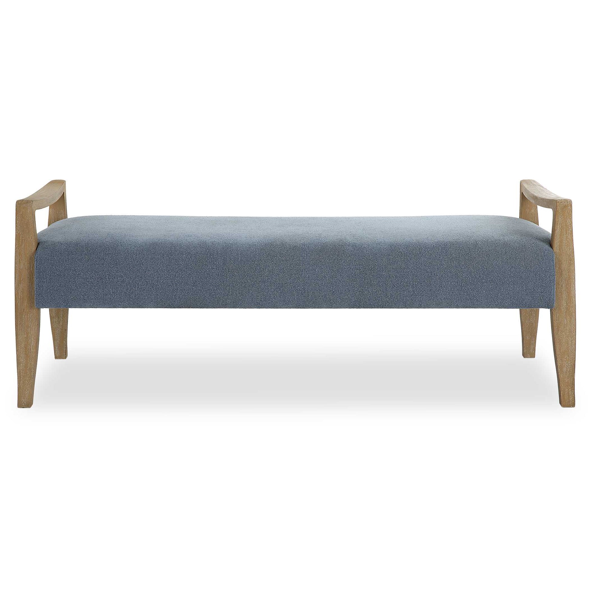 A Gently Curved Solid Wood Frame In A Natural Oak Finish Surrounds The Generous Seat Tailored In Sky Blue Polyester.