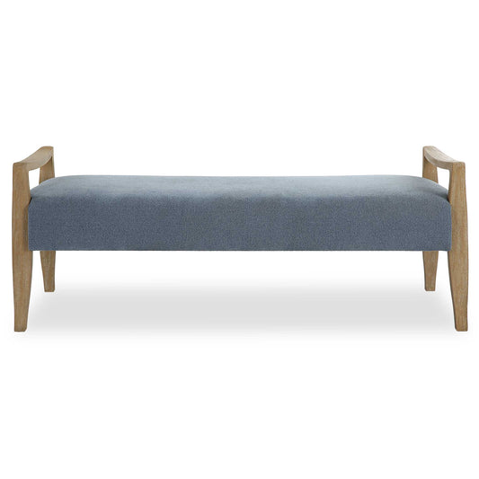 A Gently Curved Solid Wood Frame In A Natural Oak Finish Surrounds The Generous Seat Tailored In Sky Blue Polyester.