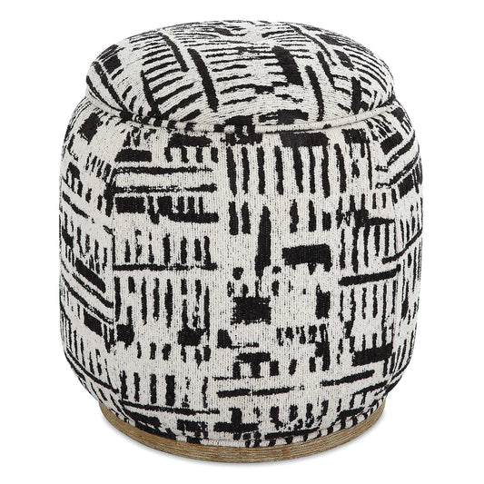 A Statement Abstract Also Acting As A Neutral, The Dialogue Accent Stool Features A Black And Off White Pattern Over An Oak Finished Solid Wood Base With Beige Ceruse. Top Is Removable For Extra Storage.