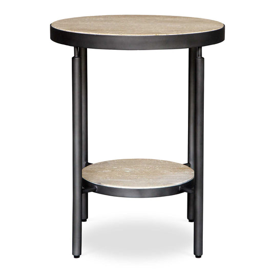 Perfect For Contemporary Or Industrial Interiors The Dauntless Side Table Features Two Beautiful Honed And Unfilled Travertine Shelves Suspended By A Matte Black Metal Frame. True To The Nature Of Natural Materials, Each Piece Will Have Unique Marbling And Veining Throughout.