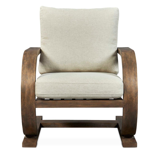With Art Deco Roots And Transitional Updates, The Dramatic Arm Gives Flexible Movement In Solid Mango Wood Finished In Weathered Pecan With A Gray Wash. With A Ladderback Design And Comfortable Box Cushions Upholstered In A Neutral Polyester.