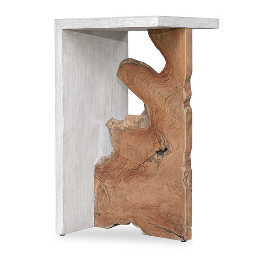 A Unique Cross Section Of Teak Wood On Display Left In Its Natural Wood Tone, Encased With Teak Supports Finished In Aged White. True To The Nature Of Natural Wood, Each Teak Piece Will Vary In Shape.