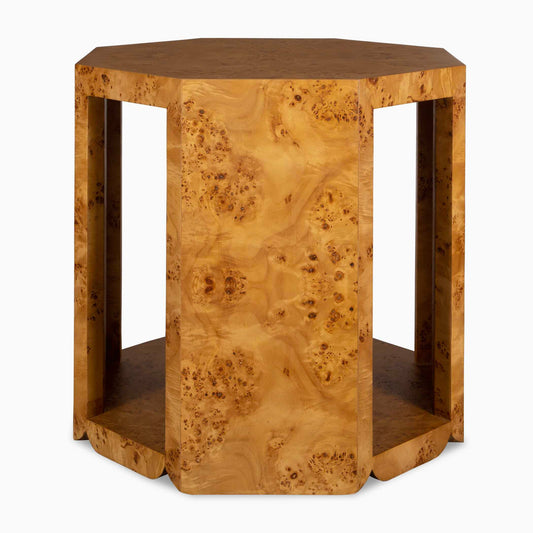 With A Natural Poplar Burl Finish, This Side Table Embodies Beautiful Symmetry And Design. Close-up Details Illustrate The Burls Treasured Finish With Deep Swirls Against The Table's Natural Warm Lighter Grains.