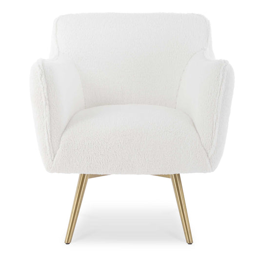 Nestle Into The Surrounding Comfort Of The Oasis Swivel Chair. Gently Sloped Curves Are Accentuated With A Welt Trim Of An Ultra Plush White Faux Sheepskin Fabric. Complete With A Swivel Return Atop Tapered Stainless Steel Legs Plated In Brushed Brass.