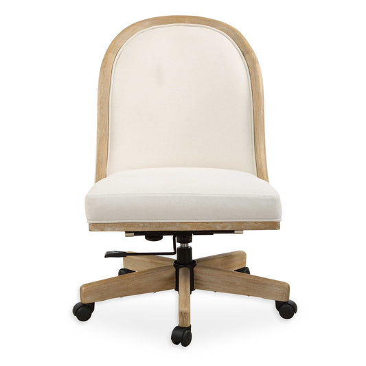 Graceful And Defining Curves Of Solid Wood Finished In Light Oak With Natural Ceruse Is Paired With A Frost Toned Polyester Fabric With A Toxin-free, Eco Friendly Treatment To Help Resist Water Based Stains. With Matching Solid Wood Legs On Rolling Casters.