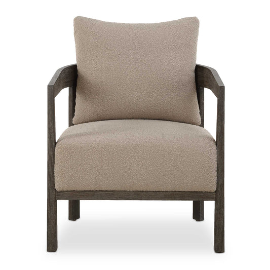 Sink Into The Comfort Of The Sienna Accent Chair. Modern Lines Of The Solid Oak Barrel Frame Are Softened With An Upholstered Seat And Support Pillow. Stained In Rich Cocoa, Paired With A Dark Sand Toned Polyester Boucle Fabric.