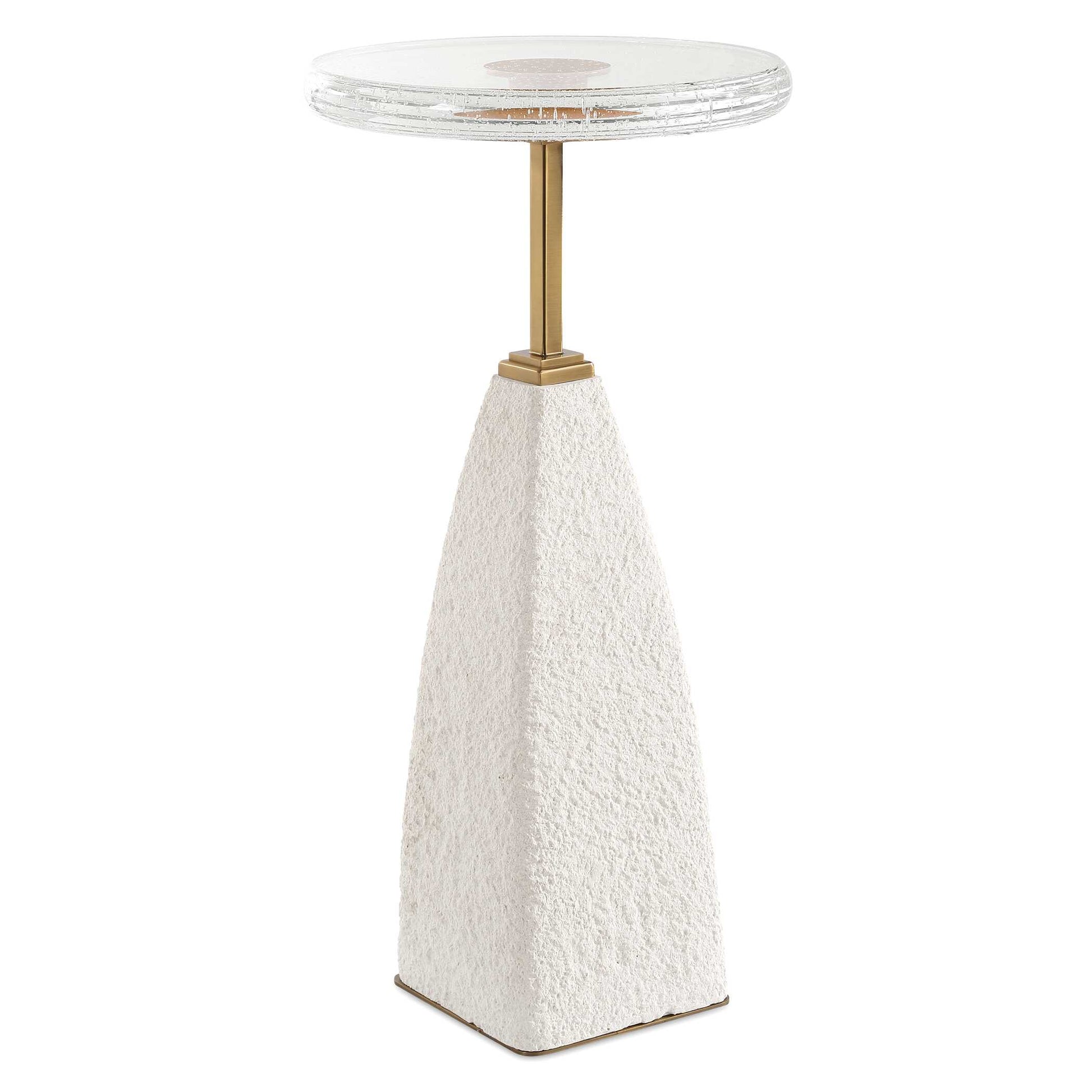 The Sora Drink Table Features A Thick Seeded Glass Top With A Complimenting White Sandstone Base And Brushed Brass Stainless Steel Accents.