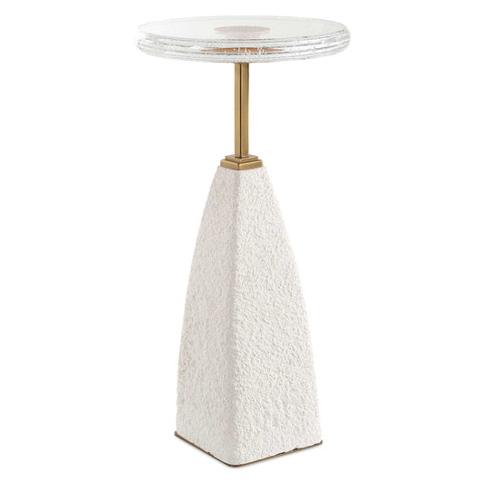 The Sora Drink Table Features A Thick Seeded Glass Top With A Complimenting White Sandstone Base And Brushed Brass Stainless Steel Accents.