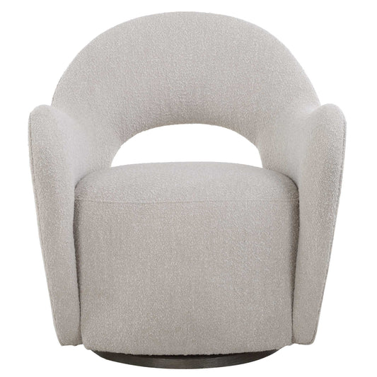 Gentle Curves And Fun Cutouts Give A Unexpected Twist In The Wander Swivel Chair. Upholstered In An Oat Toned Polyester Blend With Wool-like Texture, Resting Atop A 
Dark Walnut Finished Base That Peeks Out In The Back. Has A Toxin-free, Eco Friendly Treatment To Help Resist Water Based Stains.