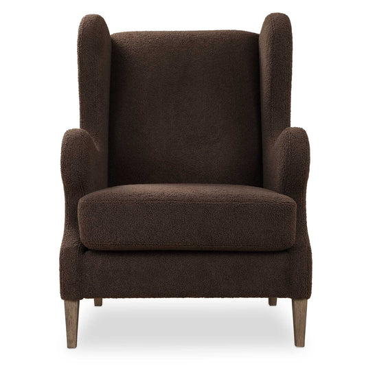 A Classic Wingback Chair With A Modern Twist. Dramatic Curved Lines Are Accentuated By The Rich Chocolate Faux Shearling. Resting On Solid Wood Tapered Legs Finished In Weathered Light Walnut.