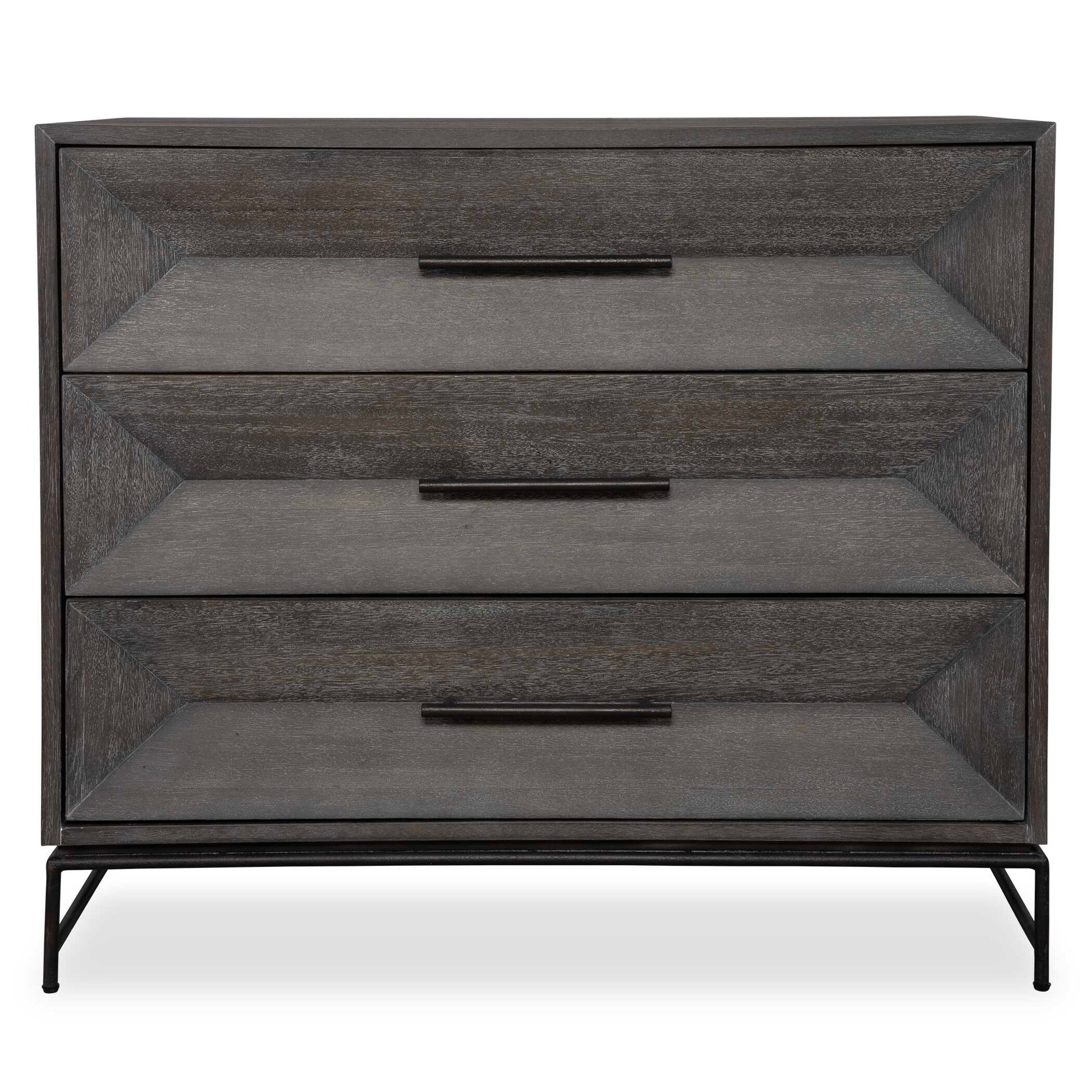 Displaying Balanced Elegance Through Its Three Symmetric Drawers This Chest Is Crafted From Rich Acacia Veneer In Dark Walnut Stain Washed With A Light Gray Glaze. Beautifully Accented By Sturdy Aged Iron Legs And Matching Hardware Pulls.