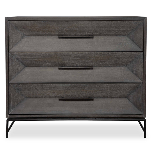 Displaying Balanced Elegance Through Its Three Symmetric Drawers This Chest Is Crafted From Rich Acacia Veneer In Dark Walnut Stain Washed With A Light Gray Glaze. Beautifully Accented By Sturdy Aged Iron Legs And Matching Hardware Pulls.