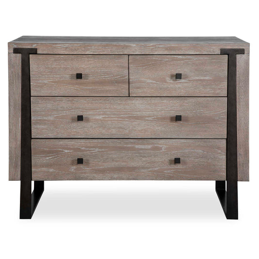 Contemporary In Style, This Light Oak Veneer Chest Features Dark Bronze Iron Legs That Embed Into The Front Face. Coordinating Hardware Decorate The Soft Closing Drawers.