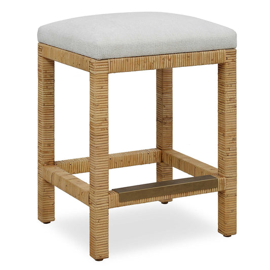 Casual And Coastal Styling Wrapped In Natural Rattan And Upholstered In An Off White Linear Textured Polyester. Complete With An Antique Gold Kick Plate.