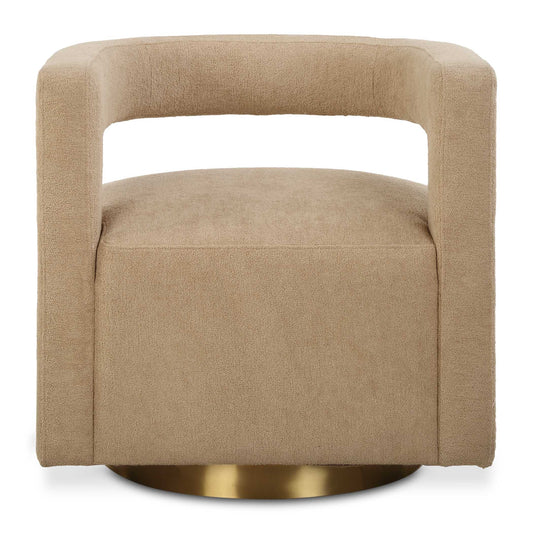 A Luxuriously Modern Style Created By The Floating Barrel Back Design, Upholstered In A Textured Boucle Fabric In Toast. Features A  Plinth Swivel Base In Brushed Brass Plated Stainless Steel.