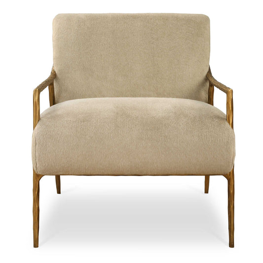 Statement-making, Gently Sloped Track Arms In Hand Forged Chiseled Iron Are Finished In Aged Gold, Supporting An Inviting Seat Upholstered In A Soft Fawn Toned Faux Fur.