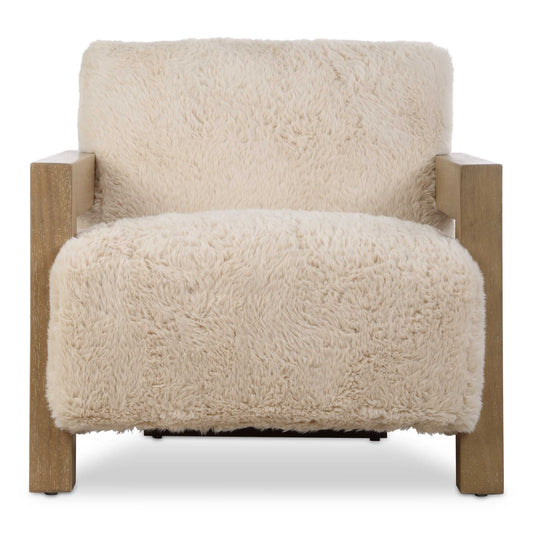 Modern Lines In Dry Oak Finished Wood With Light Ceruse Upholds A Floating Plush Seat, Upholstered In A Caramel Toned Long-haired Faux Sheepskin.
