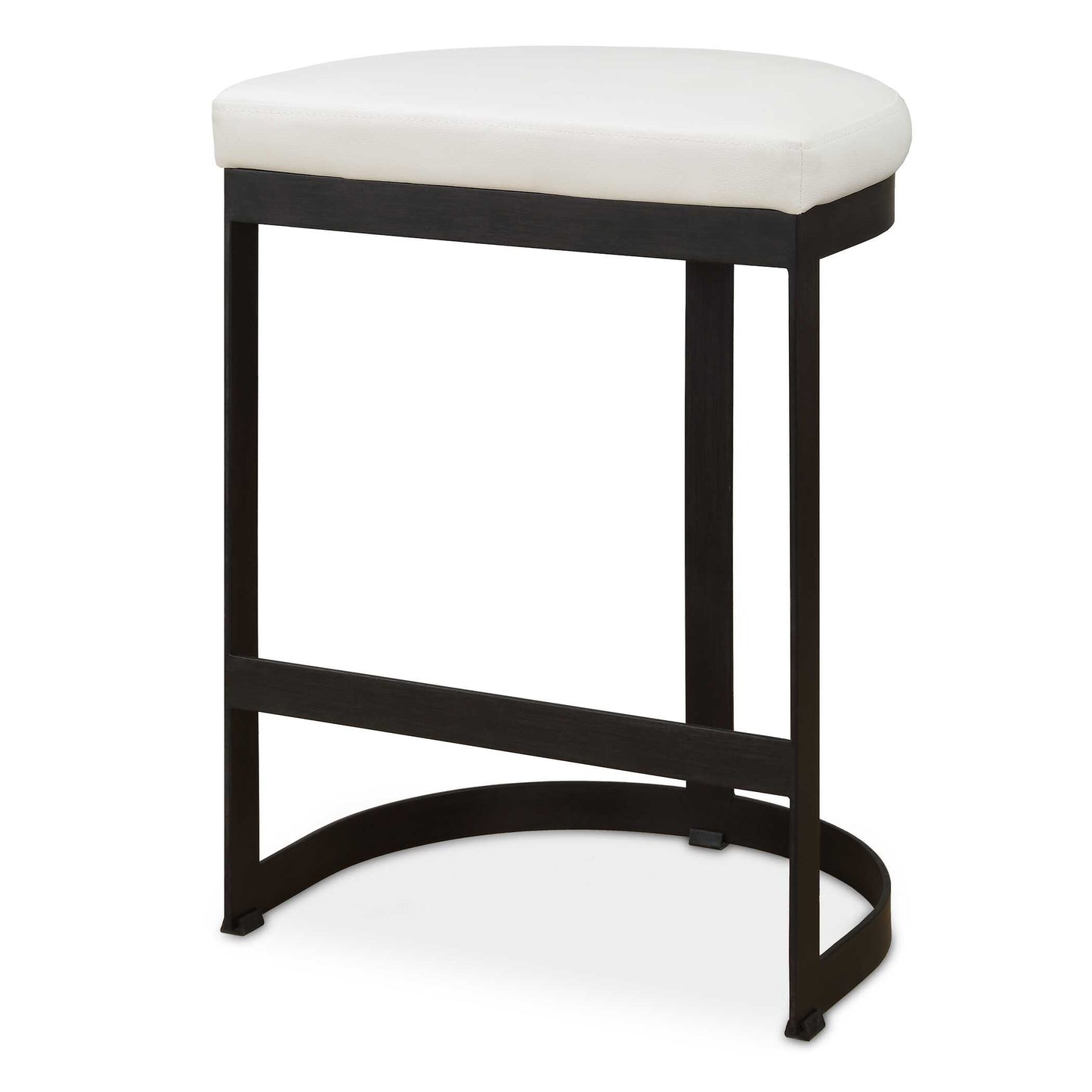 Simplistic But Sturdy, This Statement Counter Stool Features A Thick Hand Forged Iron Base Finished In Matte Black. Plush Seat Is Tailored In A White Pebbled Faux Leather.