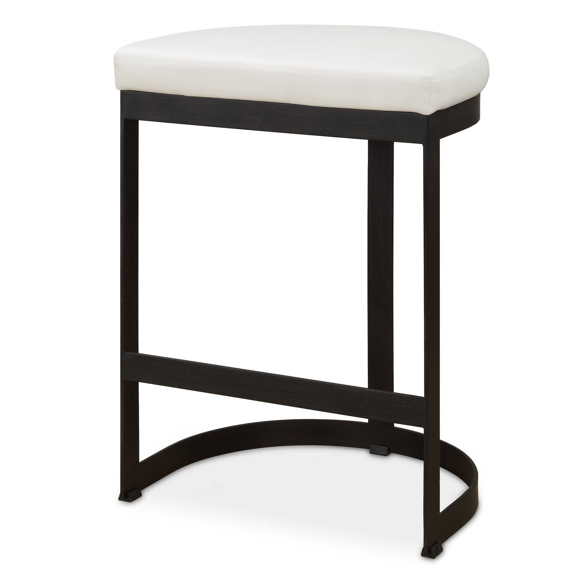 Simplistic But Sturdy, This Statement Counter Stool Features A Thick Hand Forged Iron Base Finished In Matte Black. Plush Seat Is Tailored In A White Pebbled Faux Leather.