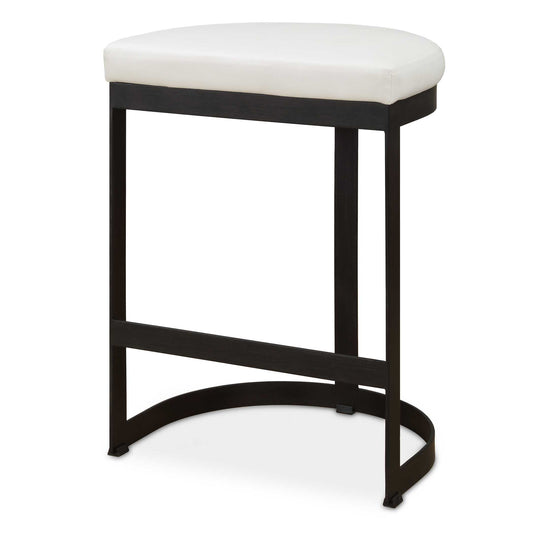 Simplistic But Sturdy, This Statement Counter Stool Features A Thick Hand Forged Iron Base Finished In Matte Black. Plush Seat Is Tailored In A White Pebbled Faux Leather.