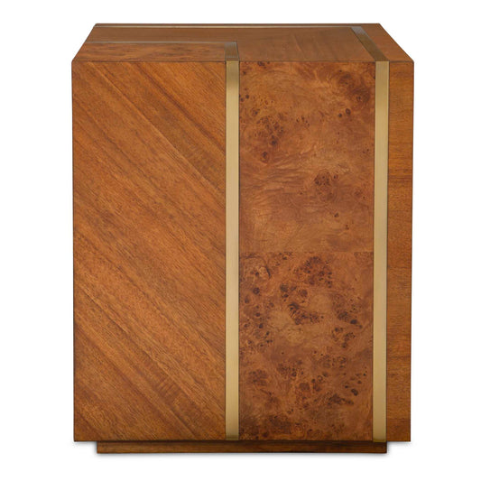Crafted From A Combination Of Different Veneers And Detailed Metal Work This Accent Table Offers Striking Contrast. Made From Maple Burl, Acacia, And Alder Each Wood Shows Its Distinctive Grain Pattern And Color.