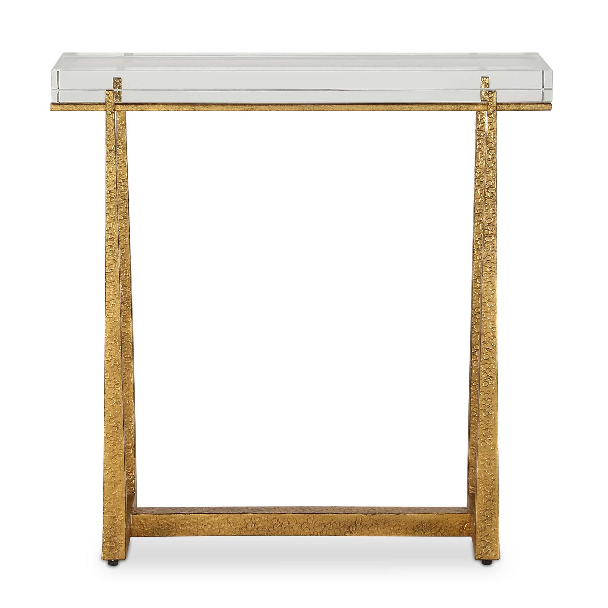This Elegant Accent Table Adds A Touch Of Luxury To Any Room. The Textured Antique Gold Finished Iron Legs Perfectly Support And Accentuate The Thick Rectangular Crystal Top.