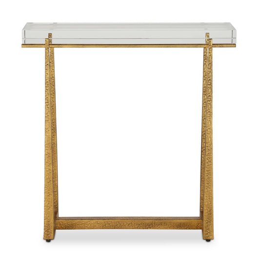 This Elegant Accent Table Adds A Touch Of Luxury To Any Room. The Textured Antique Gold Finished Iron Legs Perfectly Support And Accentuate The Thick Rectangular Crystal Top.