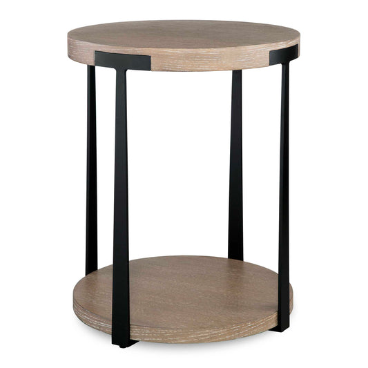 The Palisade Side Table Is Finished In A Natural Finished Oak Veneer With Organic Wood Grain Details Accented By Forged Metal Columns Finished In Dark Bronze.