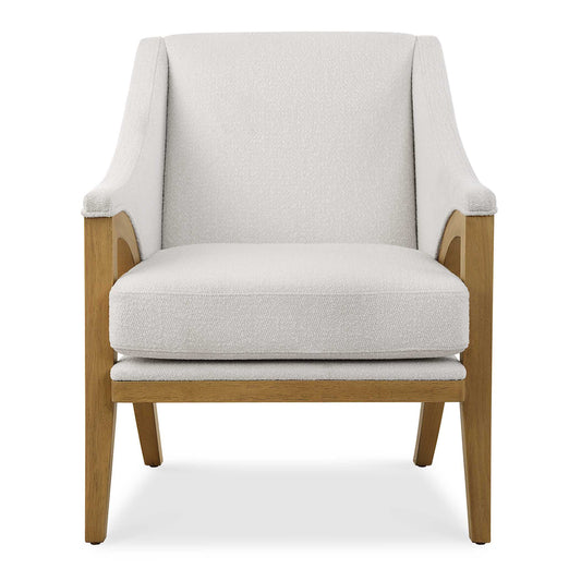 Elevate Your Space With The Timeless Elegance Of The Evolve Accent Chair. Characterized By Graceful Curves In Solid Oak That Has Been Naturally Finished To Highlight The Beauty Of The Wood Grain. Upholstered In A Sugar Toned Polyester Fabric With A Soft Wool-like Texture.
