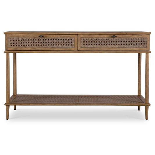 Mid Century Inspired With Accents Of Natural Rattan Cane, This Console Table Features Mindi Solids And Veneers Finished In A Soft Oak Stain. The Coast Table Has One Storage Shelf And Two Drawers With Metal Hardware Finished In Dark Gunmetal.