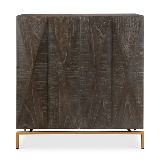 This Cabinet Features Geometric Door Fronts And Is Crafted Of Ebony Cerused Mindi Veneer. The Rich Wood Tones Are Complemented By A Sleek Gold Plated Base, Adding A Contemporary Flair To This Piece.