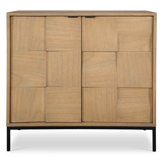 Defined By Mindi Wood Grain Placed In A Geometric Pattern Aerie Adds Character To Any Room. The Wood Is Naturally Finished Showing Off Its Rich Grain Structure Accentuated By Matte Black Metal Legs And Matching Door Pulls. Adjustable Shelves Add To The Functionality Of This Versatile Cabinet.