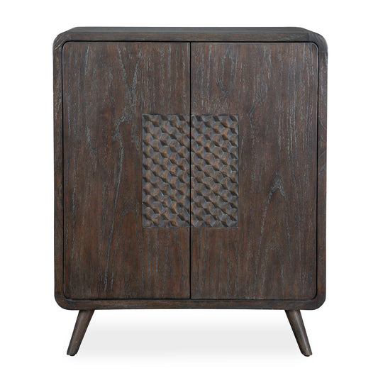 This Exquisitely Crafted Two-door Cabinet Seamlessly Combines Rustic Charm With Mid-century Modern Design. It Showcases A Rich, Weathered Mindi Grain Finish And Rests On Tapered Legs, Enhancing Its Vintage Appeal.
