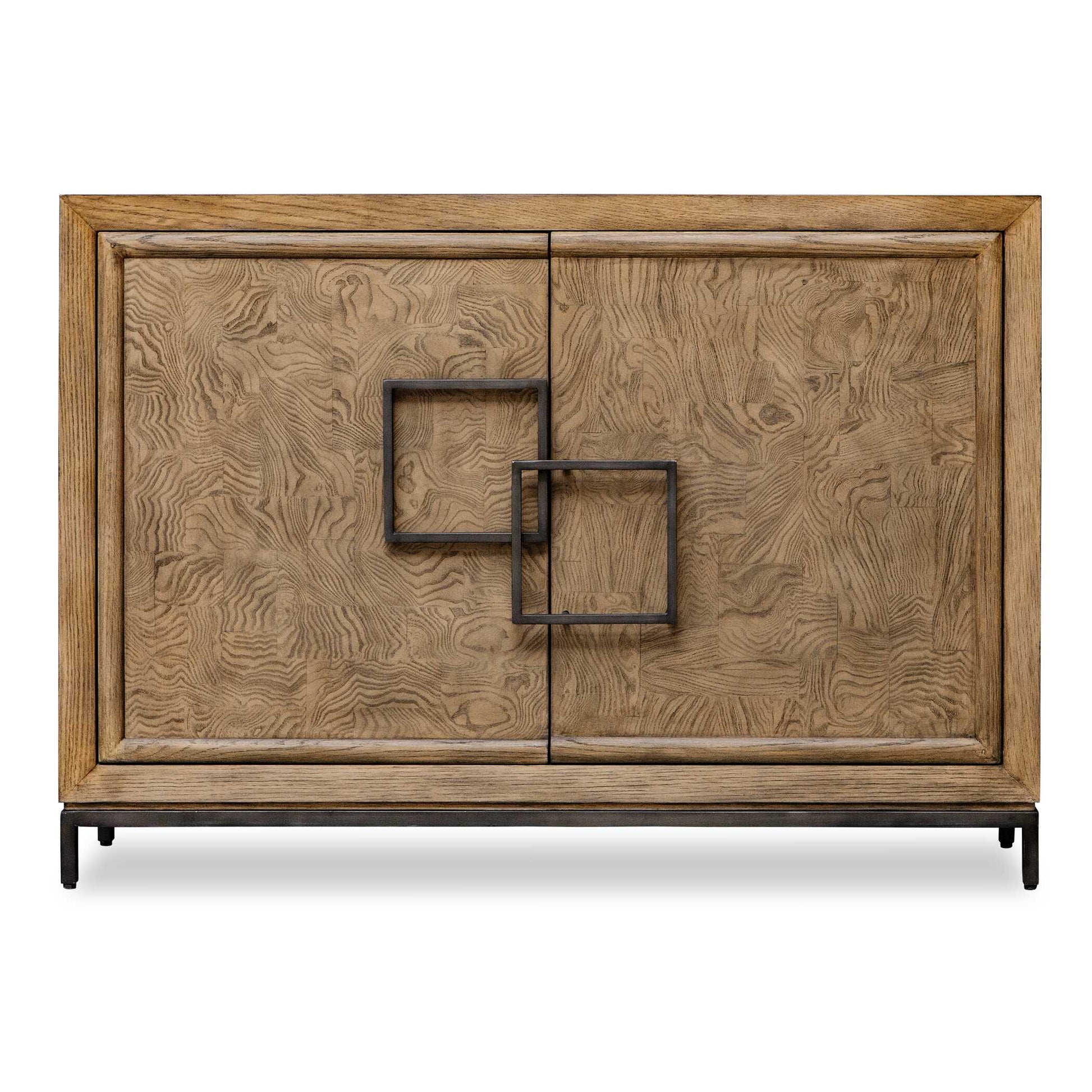 This Two Door Chest Combines Rich Burl Veneer And Oak Wood, And Is Highlighted By Distinctive, Asymmetrical Oil-rubbed Bronze Steel Framed Door Pulls.